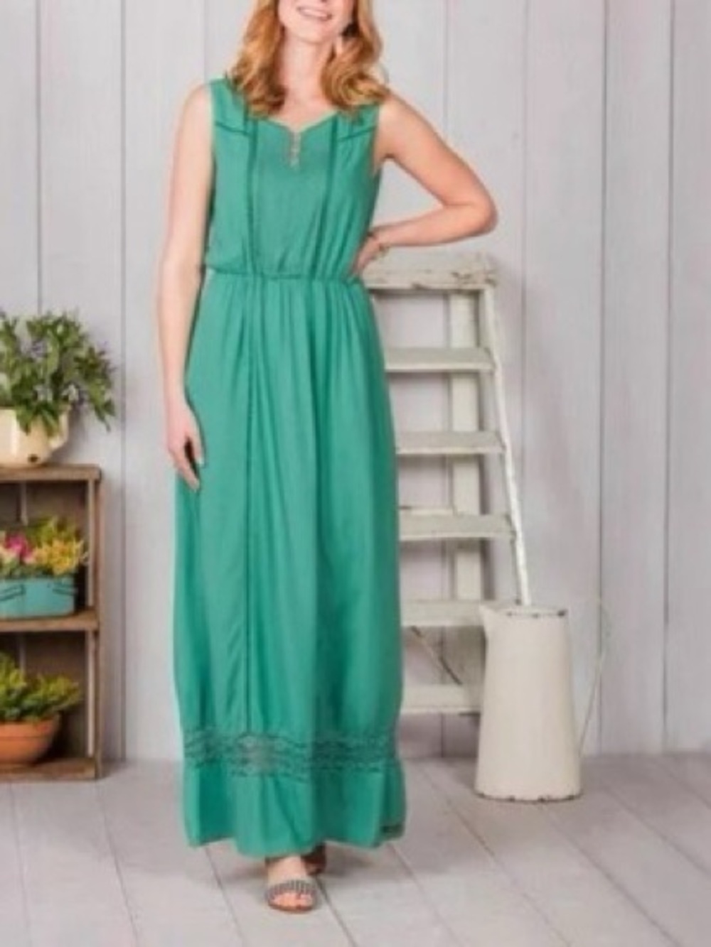 Matilda Jane Teal Green Sleeveless Maxi Dress with Hem Lace